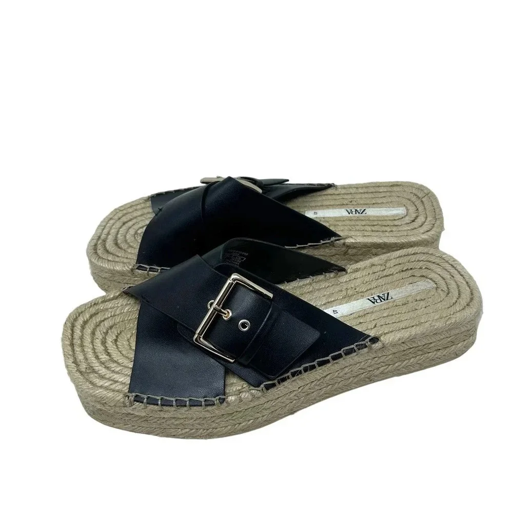 Zara Black Leather Buckle Espadrille Jute Slide Sandals Size‎ 41 / US 10.5